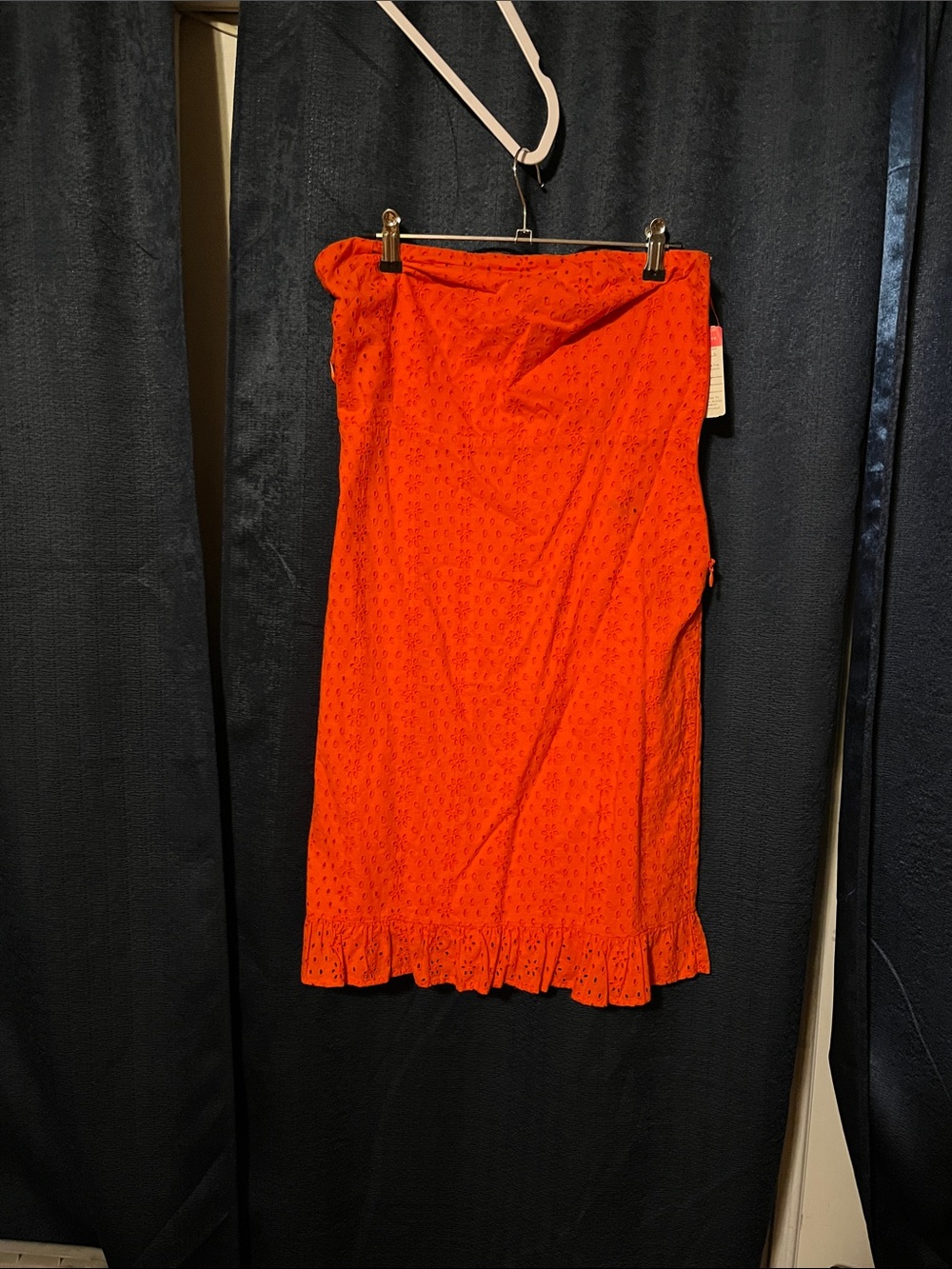 Bright Orange Eyelet Ruffle Hem Women's Strapless Dress